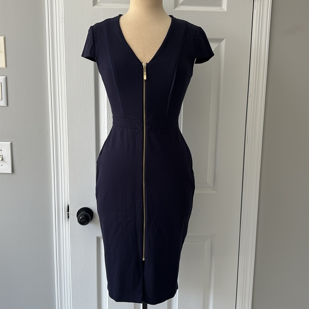 Ted Baker Size 1 US 4 Dress Cyanthe Classic Sheath Full Zip Navy Resume Office